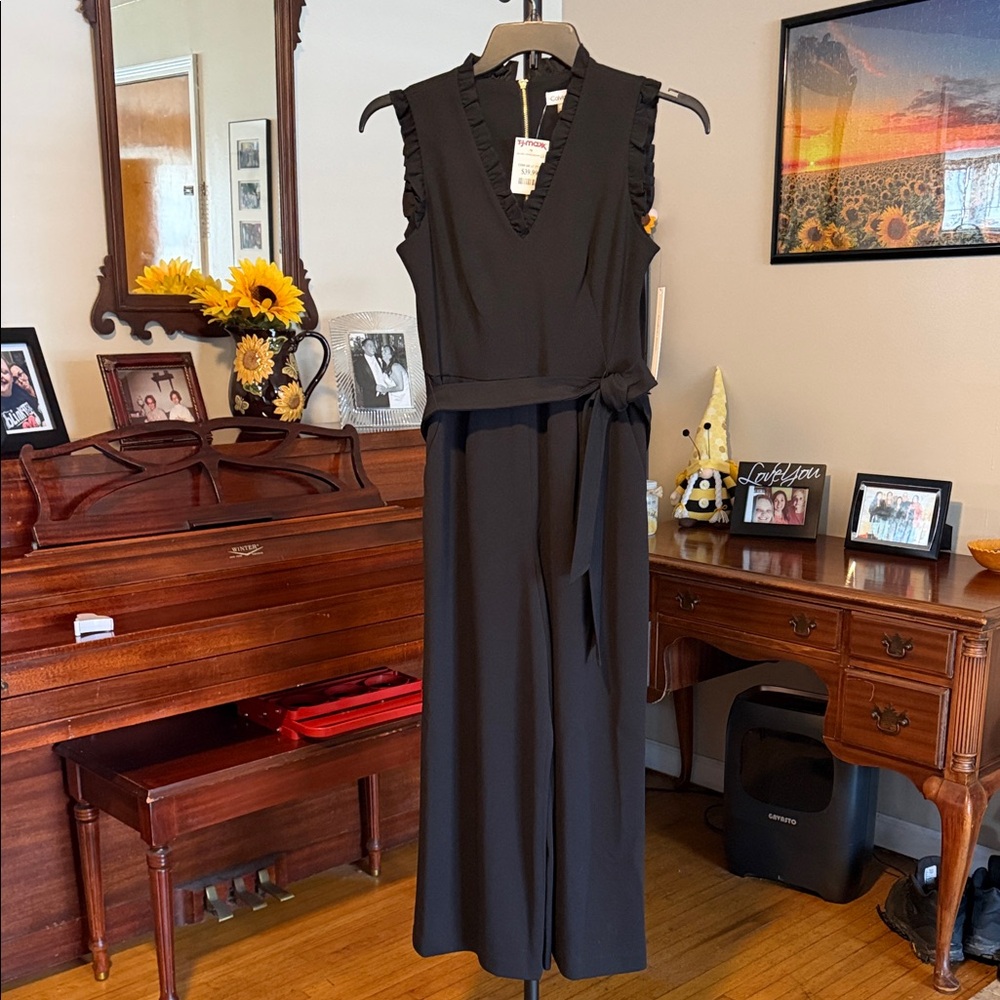 Calvin Klein Black Sleeveless Ruffle V-Neck Jumpsuit